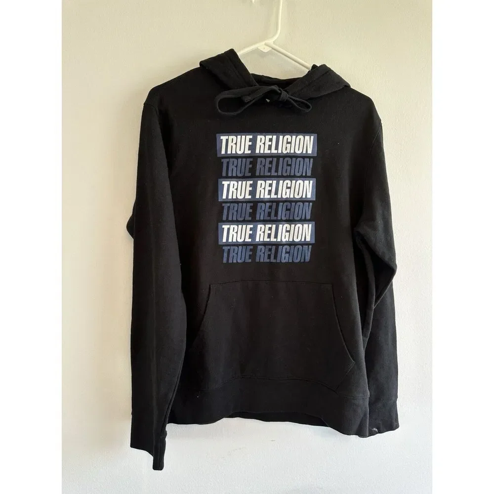 True Religion Pullover Hooded Sweatshirt Men's Medium Spell Logo‎ Black